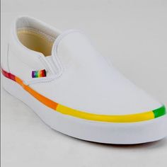 New White Rainbow Detail Vans Slip On Kids Size 3.5 Or Women’s Size 5. Unisex Style. No Box. No Trades. Rainbow Vans, Vans Sk8 High, Glitter Vans, Vans Old Skool Low, Vans Slip On Shoes, Toddler Boy Sneakers, Multicolor Shoes, Vans Toddler, Vans Checkered