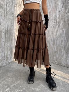 Brown Boho Collar  Polyester Plain Layered/Tiered Embellished Non-Stretch Spring/Summer/Fall Women Bottoms Hozier Outfit, Dnd Cosplay, Long Brown Skirt, Fair Outfits, Upcycle Ideas, Fest Outfits, Women Bottoms, Dream Aesthetic, Boho Fabric