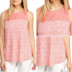 Crown & Ivy Women's Sleeveless Coral And White Ocean Sea Shell Printed Casual Top With Crew Neck, Crochet Pom Pom Trim Yoke, Jersey Knit, Rounded Hem, Relaxed Fit. Beach Vacation Cruise New With Tags Retail $40.50 Sizes: Women's Adult X-Small (0-2) Style: 7264275 Collection: Essentials Color: Coral White Length 27" Back Neck To Hem Bust: 33" Around Fabric: 60% Cotton, 40% Modal Care: Machine Washable *Add To Bundle For Additional Order Discounts* Summer Crochet Trim Sleeveless Camisole, Summer Sleeveless Camisole With Crochet Trim, Feminine Sleeveless Tops With Crochet Trim, Casual Sleeveless Camisole With Crochet Trim, Stretch Crochet Trim Tank Top, Feminine Sleeveless Crochet Top With Crochet Trim, Sleeveless Summer Lace Top With Crochet Trim, Feminine Sleeveless Crochet Top With Lace Trim, Casual Sleeveless Lace Tank Top