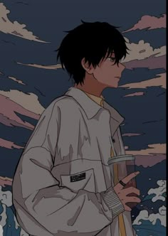 an anime character holding a cup in his hand and looking at the sky with clouds behind him