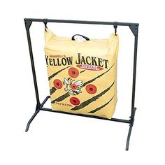 a yellow bag sitting on top of a metal rack