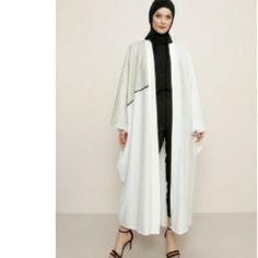 This Is White Open Abaya Unlined 14% Polyester 86% Viscose Standard Size Height 55.12in White Long Sleeve Abaya For Spring, Elegant White Abaya For Spring, White Spring Abaya, White Abaya, Open Abaya, Duster Coat, Kimono Top, Satin, Maxi Dress