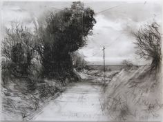 a black and white drawing of trees on the side of a road