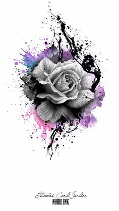 a black and white rose with watercolor splatters on the side, against a white background