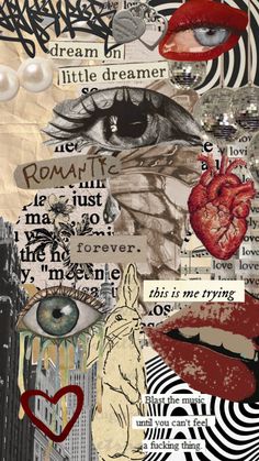 the collage is made up of many different images and words, including an image of a woman's face