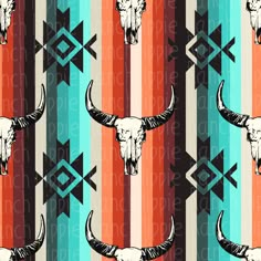 an animal skull with long horns on a colorful striped wallpaper pattern that looks like it has been painted