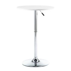 a white table with a chrome base and a round glass top on an isolated surface