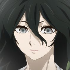 an anime character with black hair and blue eyes looks at the camera while staring straight ahead