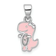 Rhodium over sterling silver polished children's dinosaur pendant with pink enamel and cubic zirconia stones. Measures approximately 11/16"L x 1/4"W. Pink Enamel Charm Necklace As Gift, Pink Enamel Necklaces With Charms, Pink And Green Dino Necklace, Pink Sterling Silver Dangle Charms, Pink Enamel Charm Necklace, Purple Pendant Necklace, Dinosaur Pendant, Betsey Johnson Necklace, Pearl Tiara