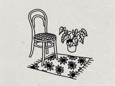 a black and white drawing of a chair next to a rug with flowers on it