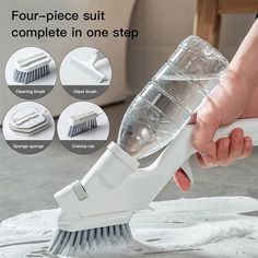 a person using a brush to clean the floor with different types of cleaning products on it