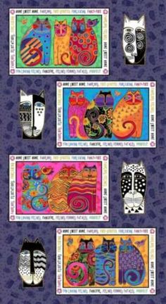 stamps with cats on them are in different colors and patterns, including black, white, blue