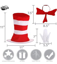 One Copy of Dr. Seuss Cat in the Hat Accessory Kit by Elope. Thing 1/2 costume Includes hat, gloves, and bowtie. Please note: This item's color may vary due to inherent manufacturing variations or your computer monitor's color settings. The item you receive will be identical or substantially similar to the item pictured in this listing. We aim to show you accurate product information. Manufacturers, suppliers, and others have provided the information listed. We are unable to verify it as package Cat In The Hat, Dr Seuss, Computer Monitors, Gloves, Thing 1, Computer, Hats, Color