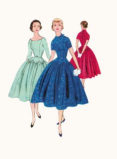 three women in dresses from the 1950's