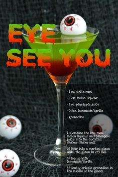 an advertisement for eye see you cocktail with balls in the glass and on the table