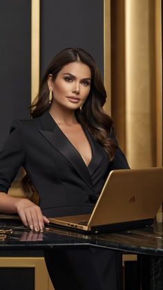 a woman sitting at a table with a laptop computer in her hand and looking into the camera