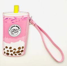 Taro Boba Milk Tea Novelty Wristlet Trendy Rectangular Wristlet With Card Slots, Trendy Wristlet For Mobile Phone, Trendy Wristlet With Card Slots For Daily Use, Trendy Rectangular Wristlet With Cell Phone Pocket, Trendy Rectangular Wallets With Wrist Strap, Trendy Rectangular Wallet With Wrist Strap, Daily Use Pink Wristlet With Cell Phone Pocket, Pink Wallet With Wrist Strap For Daily Use, Trendy Wallets With Cell Phone Pocket