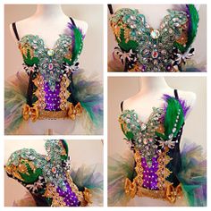 four pictures of a green and purple corset with beads, feathers and jewels