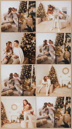 a collage of photos showing people decorating the christmas tree