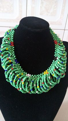 African Beaded Jewelry, African Jewelry, Green Necklace, Tribal Necklace, Boho Necklace, Women Jewel Traditional Green Necklaces With Beaded Chain, Artisan Green Necklace With Tiny Beads, Green Polished Beads Necklace For Festivals, Green Tiny Beads Necklace For Festival, Handmade Green Beaded Choker Necklace, Artisan Green Beaded Necklaces With Beaded Chain, Green Round Beads Bib Necklace As Gift, Green Polished Beaded Necklace For Festival, Green Round Beads Jewelry For Festival