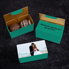 there are two boxes that have wedding pictures inside of them, and one box has donuts in it