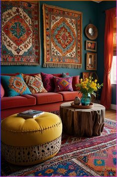 a living room filled with lots of colorful furniture and pillows on top of it's walls