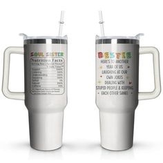 two stainless steel travel mugs, one with the words best friends on it and another with