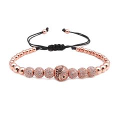 Adjustable Macramé beads bracelet set for men with the shiny finish in rose gold. This Masculine polished copper beads bracelet will accentuate your trendy and cool style. center beads paved with CZ stone for luxurious sparkle. A black macramé string pulls these beautiful beads together while giving the comfort of adjustable size. Inspired by the latest trends and designer style, it is an ideal piece of jewelry for men and women. Have it all or share with loved ones! Handmade Macramé Bracelets W Basic Macrame, Macrame Hanging Planter, Black Macrame, Rose Gold Beads, Macrame Hanging, Hanging Macrame, Macrame Knots, Diy Room, Woven Bracelets