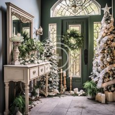 christmas trees and decorations in front of a green door