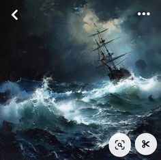 a painting of a ship in rough seas