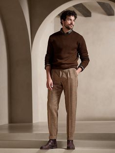 Dark Academia Men, Brown Derby, Academia Outfits, Houndstooth Pants, Checkered Pants, Brown Suits