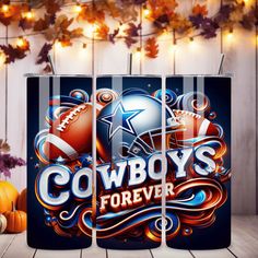 the cowboys forever sign is displayed in front of a wooden table with pumpkins and fall leaves