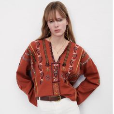 Nwt Zara Woman Embroidery Embroidered Cotton Blouse Top Size M Medium Embroidered V-neck Top For Fall, Fall Embroidered V-neck Top, Fall Geometric Embroidered V-neck Top, Fall V-neck Top With Geometric Embroidery, Folk Style Embroidered Top With Embroidered Hem For Fall, Folk Style Embroidered Top For Fall, Fall Folk Style Embroidered Top, Intricate Embroidered Long-sleeve Top For Fall, Folk Style Fall Blouse With Embroidered Hem