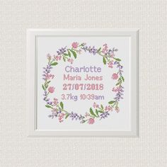 a cross stitch pattern with the words charlotte, martha jones and flowers in pinks