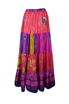 Elevate your wardrobe with the vibrant allure of this flared maxi skirt, expertly crafted from upcycled saree fabric. Featuring rich Hot pink and Blue floral patterns alongside bold, eye-catching prints, each silk blends skirt is a one-of-a-kind masterpiece. The adjustable drawstring waist and flowing ankle-length silhouette offer a flattering, comfortable fit, blending boho-chic style with everyday practicality. Whether you're exploring a farmer's market or dancing at a beach festival, this han Multicolor Patchwork Maxi Skirt For Beach, Beach Long Multicolor Skirt, Beach Long Skirt, Multicolor Floral Patchwork Maxi Skirt, Yoga Mala Beads, Skirt Patchwork, Flare Maxi Skirt, Non-stretch Multicolor Bohemian Maxi Skirt, Hot Pink Floral