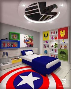 a bedroom with a captain america bed in the center and shelves on the other side