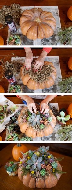 three pictures showing how to make a pumpkin wreath