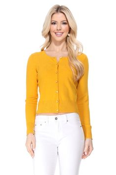 - 18"-19" Length, Crewneck, Long Sleeves, Rounded Jewel Buttons, Button Down, Basic and Classic Viscose Crop Cardigan Sweater for Women.- Lightweight Knit Cardigan Bolero Shrug Sweater with High Quality Soft Viscose with Stretch.- Various Vivid and Solid Color Choices with Sizes: Small, Medium, Large, and X-Large.- Versatile and Perfect for Any Occasion: School, Office, Parties, or Everyday Wear.- Matches Well with Swing Skirts, Vintage Style Skirts, Dresses, Shirts and Pants.Made In: ChinaFabri Fitted Spring Cardigan With Button Cuffs, Classic Stretch Cardigan For Fall, Fitted Spring Sweater With Buttons, Fitted Sweater With Buttons For Spring, Trendy Fitted Cardigan With Button Closure, Fitted Button-up Sweater With Snap Buttons, Fitted Cardigan With Snap Buttons For Winter, Fitted Sweater With Button Closure For Spring, Fitted Winter Cardigan With Snap Buttons