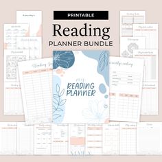 the printable reading planner bundle is shown on top of a pink background with blue leaves