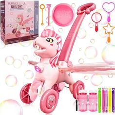 a pink pony tricycle with lots of bubbles around it