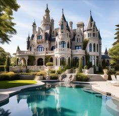 a large castle like building sitting next to a pool