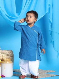 boys blue angrakha style krishna kurta and white dhoti set Angrakha Style, Blue Kurta, Boys Wear, Boy Blue, Style Design, Krishna, Fabric Care, Pure Cotton, Quality Fabric