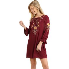 Umgee Women's 3/4 Sleeve Embroidered Dress With Ruffle Sleeves - Small, Wine New With Tags * V- Neckline With Cross Cross String * 3/4 Sleeve With Ruffle * Floral Embroidery * 60% Cotton, 40% Polyester Bohemian Dresses With Floral Embroidery And 3/4 Sleeves, Red Long Sleeve Dress With Embroidered Sleeves, Casual Embroidered Dress With 3/4 Sleeves, Fall Long Sleeve Dress With Embroidered Hem, Fall Embroidered Dress With Long Sleeves And Embroidered Hem, Fall Floral Print Long Sleeve Embroidered Dress, Long Sleeve Embroidered Floral Dress For Fall, Embroidered Fall Dresses For Brunch, Fall Embroidered Long-sleeve Dress