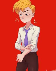 an anime character with blonde hair and blue eyes wearing a white shirt and purple tie