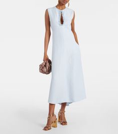 Summer Cruise embellished midi dress in blue - Dorothee Schumacher | Mytheresa Summer Work Dresses With Side Pockets, Summer Workwear Dress With Side Pockets, Spring Midi Dress With Side Slits, Knee-length, Elegant V-neck Linen Dress With Pockets, Spring Midi-length Unlined Linen Dress, Spring Unlined Linen Midi Dress, Daywear Unlined Midi Linen Dress, Linen Unlined Midi Dress For Daywear, Midi Length Linen Dress For Daywear