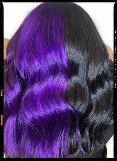 Hair Color Idea - Split Hair Purple And Black Ombre Hair, Dark Hair With Purple Extensions, Split Black And Purple Hair, Half Purple Half Black Hair Short, Black N Purple Hair, Purple On Top Black On Bottom Hair, Black And Purple Color Block Hair, Half Black Half Purple Hair Split, Split Dyed Hair Purple And Black