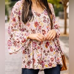 Nwt Perfectly Priscilla Women Floral Bell Sleeves Boho Blouse Top Size L Large Flowy Floral Print Blouse, Flowy Multicolor Floral Print Blouse, Spring Floral Print Bell Sleeve Blouse, Bohemian Blouse With Floral Print And Bell Sleeves, Beige Boho Print Blouse, Flowy Patterned Blouse, Beige Floral Print Blouse For Brunch, Flowy Floral Print Beige Tops, Feminine Patterned Blouse