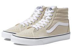 Vans SK8-Hi - Skate Shoes : Color Theory French Oak : Keep it old school every step of the way with the classic Vans SK8-Hi skateboard shoes! High-top skate shoes with a classic silhouette and Sidestrap detail. Uppers of suede, leather, or canvas. Cotton drill lining. Padded collar for added comfort and support. Triple-stitch collar adorns collar. Die-cut EVA insert. Vulcanized construction: &,#8226, Slimmed-down profile offers a flexible feel. &,#8226, Gum rubber outsole with signature waffle t Classic Lace-up High-top Sneakers For Skateboarding, Classic White Suede Skate Shoes, White Suede Sneakers For Skateboarding, White Suede Skateboarding Sneakers, White Suede Vans Skate Shoes, Classic Vans Canvas Skate Shoes, Vans High-top Canvas Sneakers With Gum Sole, Vans Canvas High-top Sneakers With Gum Sole, Classic Suede Sneakers For Skateboarding