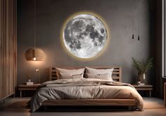 a bedroom with a full moon on the wall