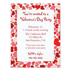 a valentine's day party with hearts on the front and back of it, in red